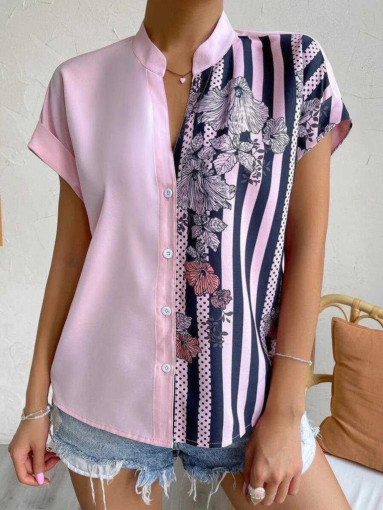 Damen Sommer Color Block Floral Knopf Strickjacke Hemd