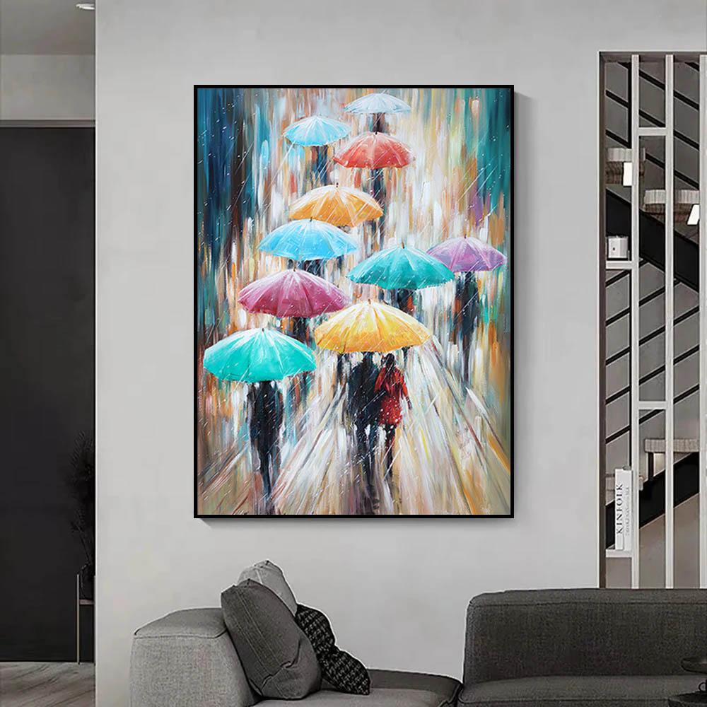 Abstrakt Fargerik Regnbue Paraply Regn Spasertur Lerret Maleri Plakater og Trykk Veggkunst for Stue Sofa Hjemmedekor