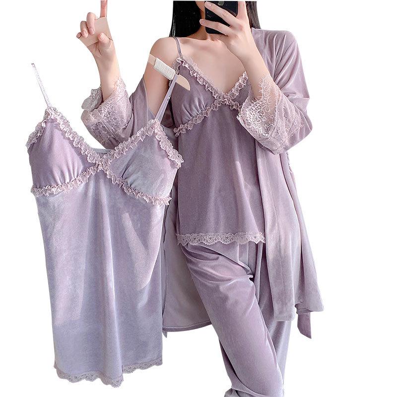 Golden Velvet Women's Winter Pajama Set: Korean Style with Lace, Chest Pads, Camisole & Long Pants - Girlish & Sweet Four-Piece Ensemble