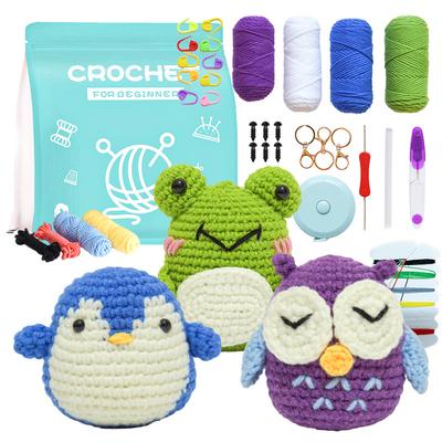 Crochet Kit for Beginner Crochet Knitting Kit Cute Frog Owl Penguin Animal Dolls Starter Pack with Crochet Tool Set and Instruct