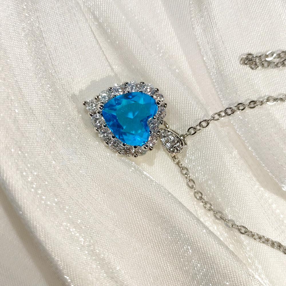 925 Sterling Silber Stilvoller Exquisiter Meeresblau Zirkon Herz Anhänger Halskette Geburtstagsparty Jubiläumsgeschenk
