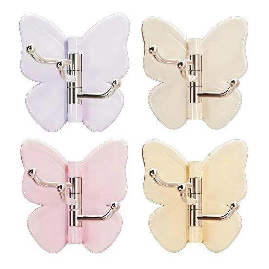 4PCS Butterfly Rotating Self Adhesive Hook, 3-Hook 270 Swivel Design, No Drill Wall Mount Storage Hooks, for Hanging Towels Keys Bags Hats