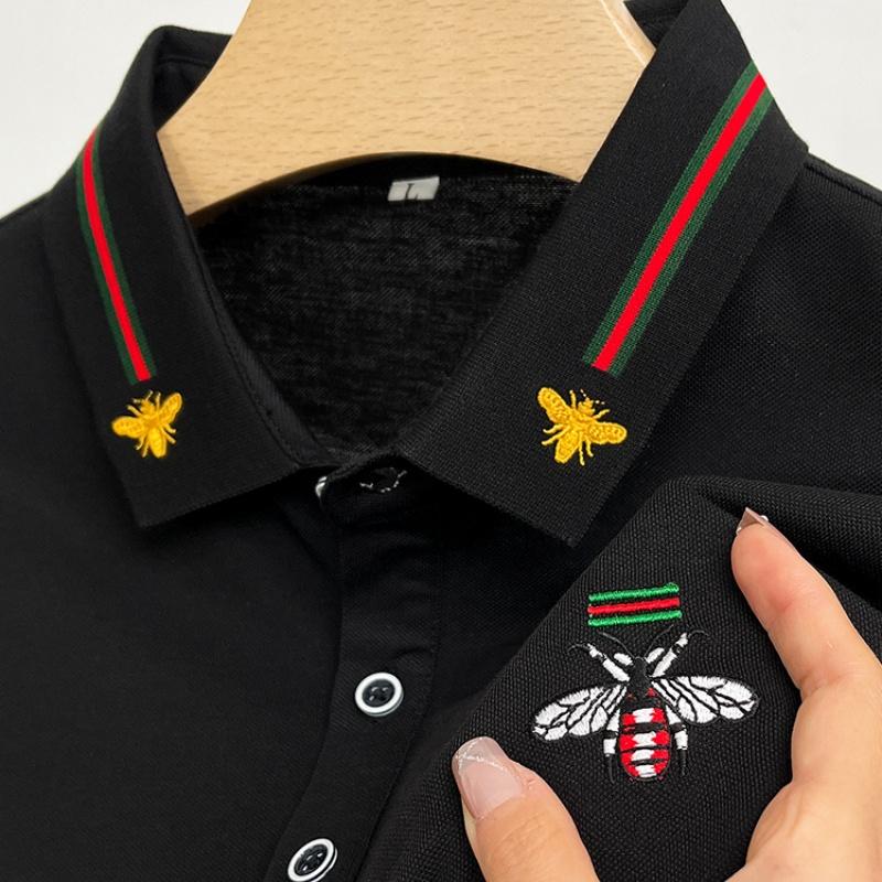 Wovey Heren Poloshirt Kraag Korte Mouw T-shirt Zomer Verfijnd Bijen Borduurwerk Mode Zakelijk Casual Herenkleding M