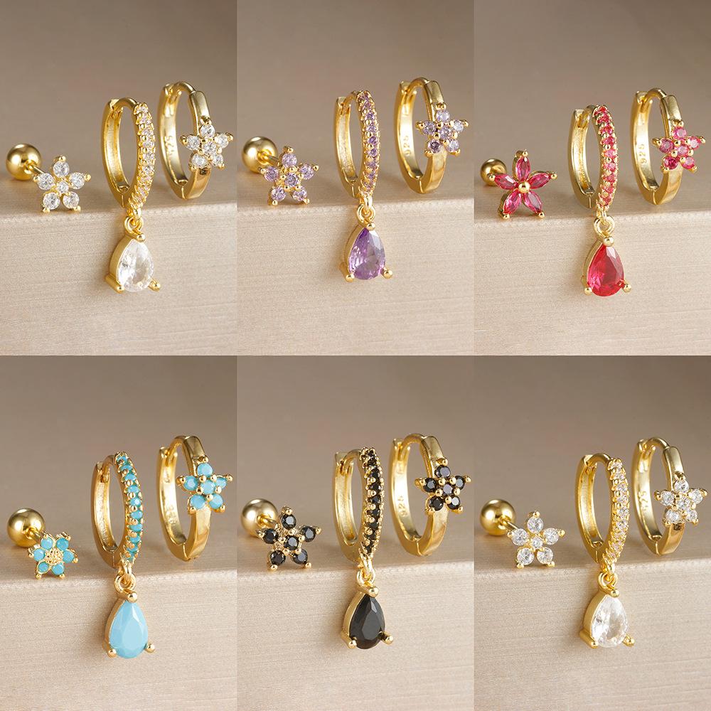 3-Piece Rhinestone Floral Water Drop Earrings & Ear Cuff Set for Women