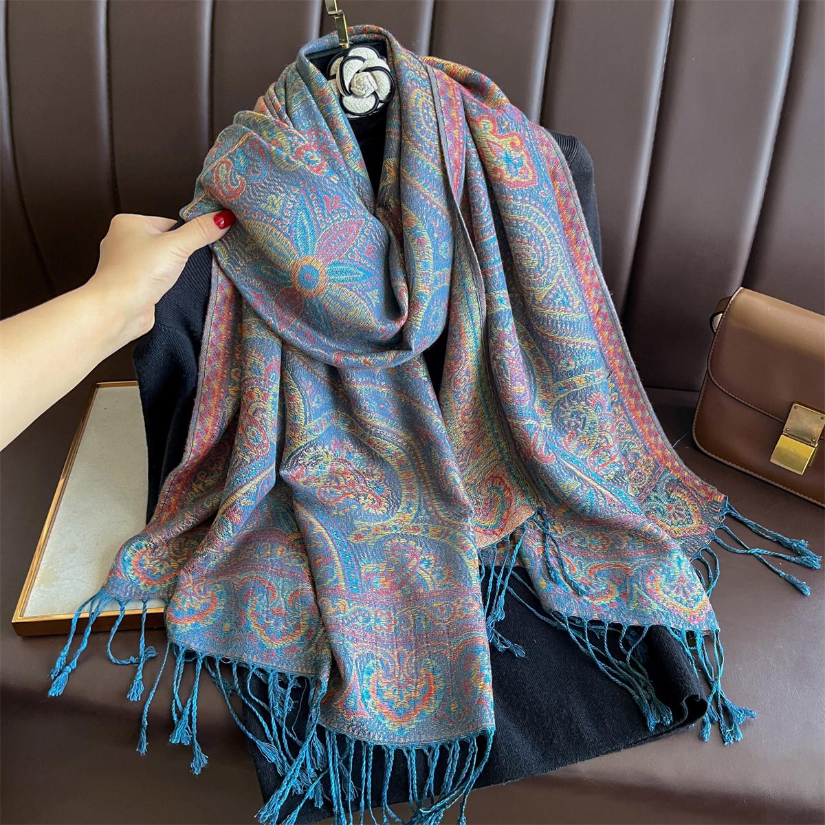 

Winter Thick Warm Jacquard Scarf Outdoor Women Travel Retro Paisley Cashmere Tassel Shawl Neck Wrap Pashmina Muslim Hijab 70x180cm