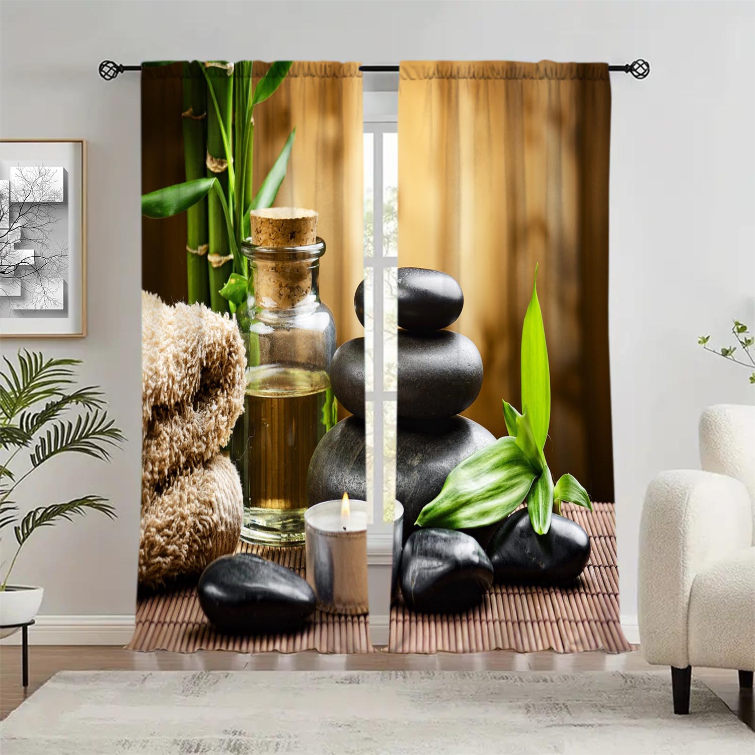 

Set Tea Art Landscape Print Curtais Shade Privacy Protection Suitable Decorating Various Rooms Curtain Of 2 Made Polyester Washable W100*H70(CM)-Grommet top&1PCS
