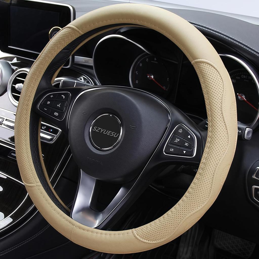 Car Steering Wheel Cover with Anti-Slip Lining Universal 14.5-15 Inch (Beige)