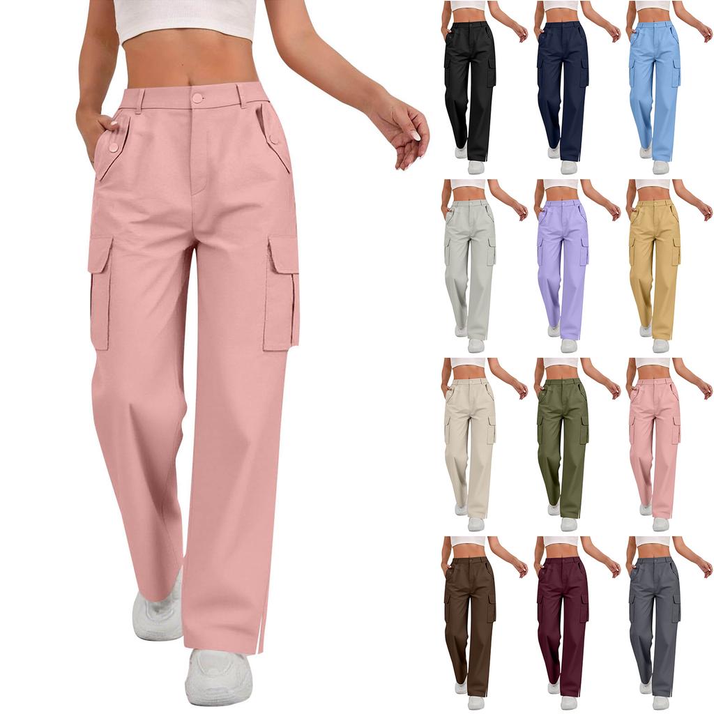 Women's Fashion Relaxed-Fit Pocket Straight-Leg Pants Sporty Wide-Leg Pants High-Waisted Casual Cropped Pants