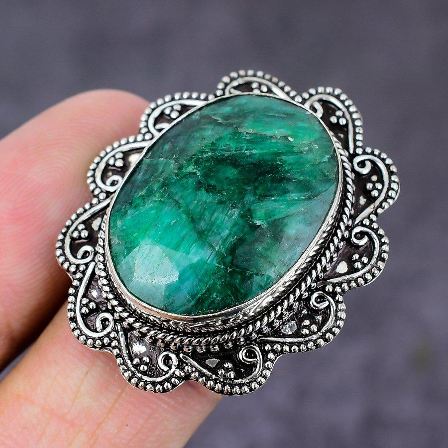 Emerald(Simulated) Gemstone Handmade 925 Sterling Silver Gift Ring Size 8 k0C53