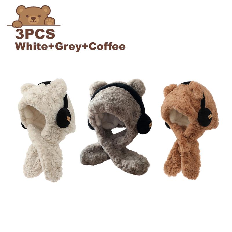 Bear with Headphone Hoodie Hat Scarf Set for Girls Winter Thickened Plush Earmuffs Warm Cap for Children Cute Outdoor Wear