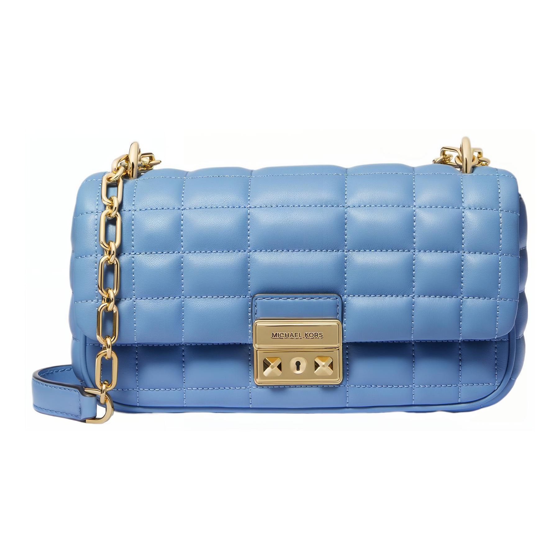 

Michael Kors MK Tribeca Plaid Striped Quilted Chain Solid Color Lambskin Pillow Bag Women Handbags Light-Blue 30R4G2RL5L-457 Basic Set (Bag+Dust Bag)