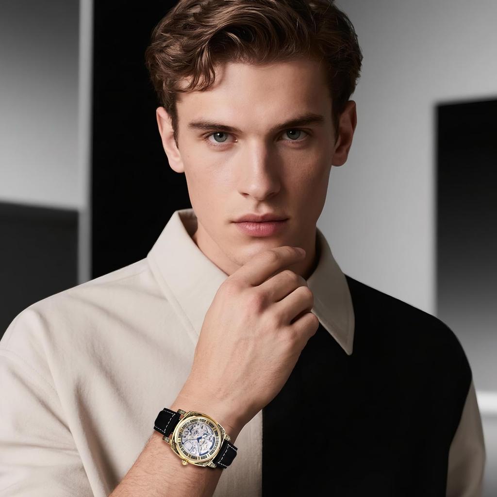 Automatic Skeleton Watch with Genuine Leather Roman Analog 3ATM Water Stylish Accessory for Leisure and Business Perfect Gift for and Day Men's Strap