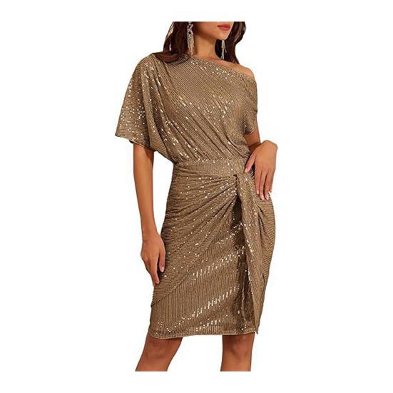 Women's Sexy Sequins Bodycon Dress Glitter One Shoulder Ruched Mini Dress Sparkly Cocktail Party