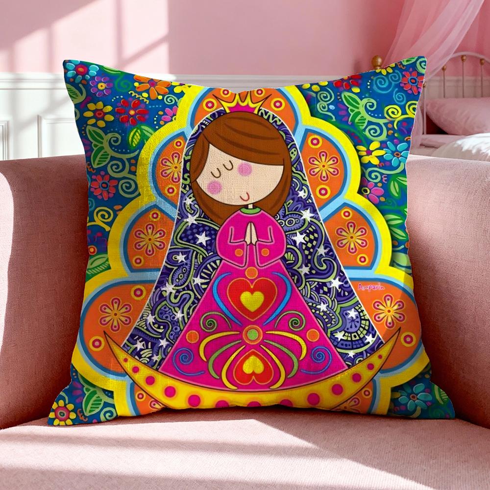 Figure V-Virgin Mary Cushion Cover Breathable Linen Pillowcase Summer Odorless Eco-Friendly Invisible Zipper Washable
