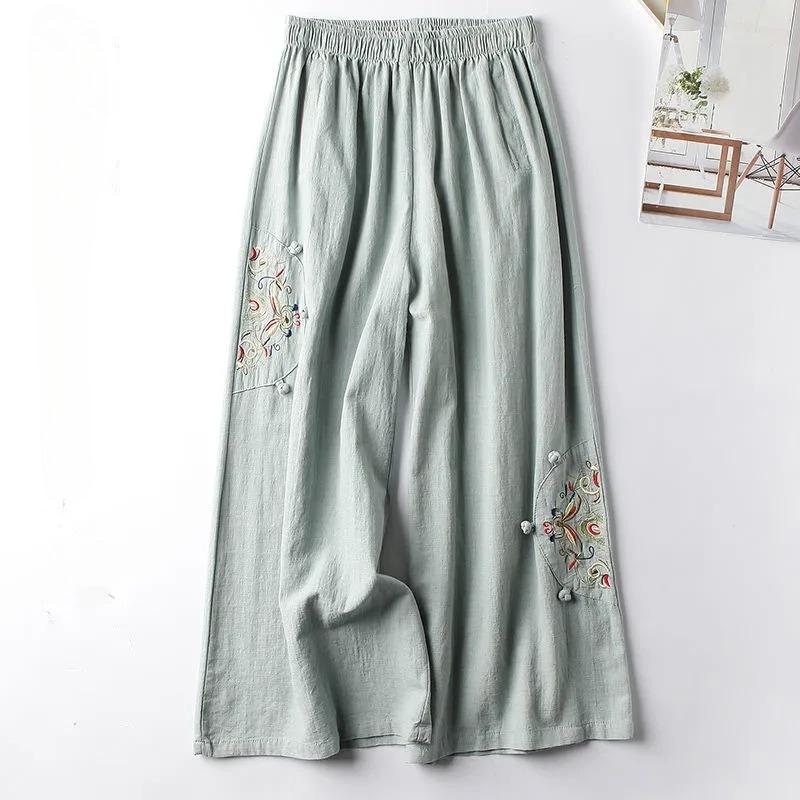 Women Casual Straight Pants Blended Female Trousers Flower Embroidery Loose Wide Leg Pants for Women Pantalon Femme