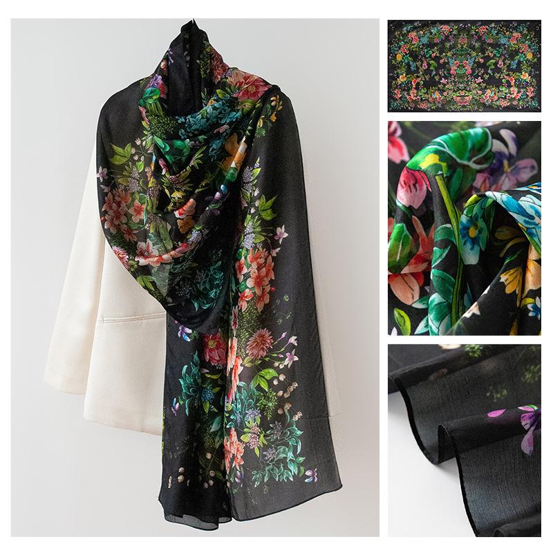 Summer Mulberry Silk Scarf Long High-end Silk Scarf Mother Style Blue Architectural Print Thin Gauze Scarf for Women