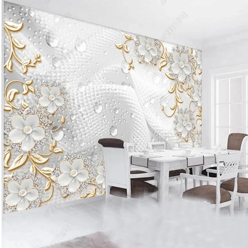 Tapet 3D de lux în stil european, flori albe, mărgele, bijuterii, mural, living, canapea, dormitor, mural, decor pentru casă