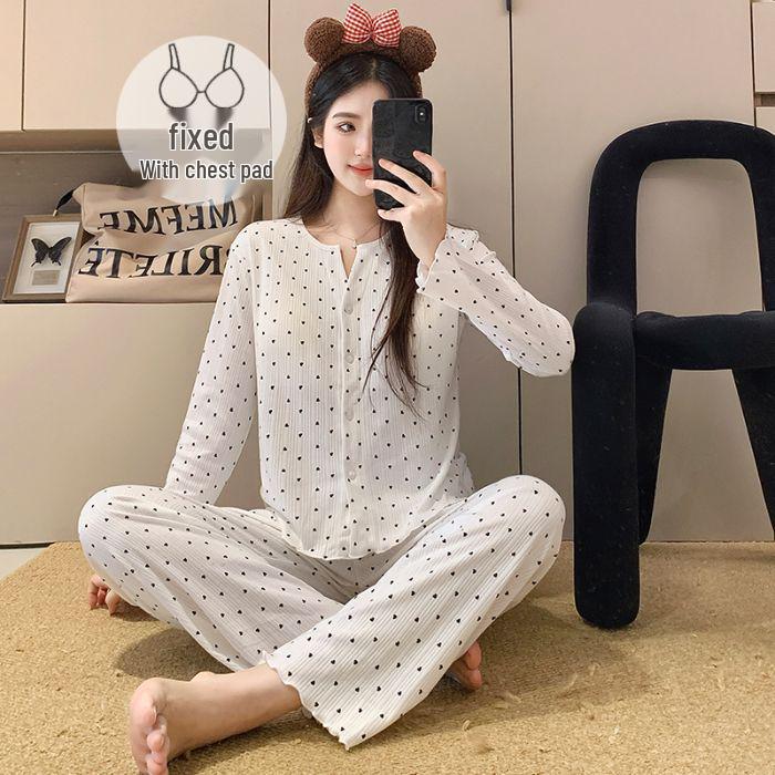 Korean Floral Cotton Pajama Set for Women with Chest Pads - Pink, Autumn 2025