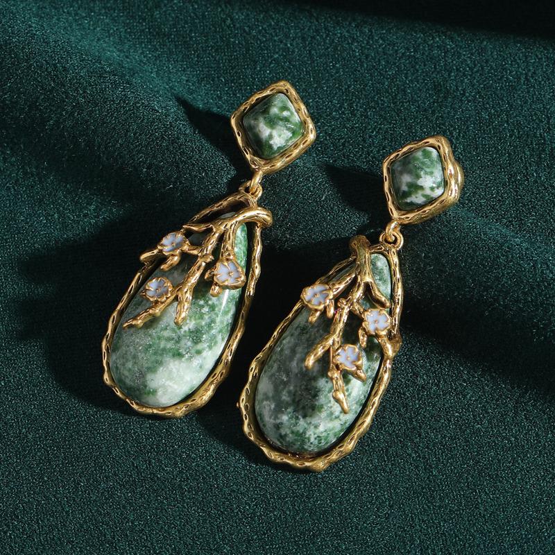 Orecchini a goccia d'acqua in pietra naturale verde vintage Gioielli Lusso Designer Colore Oro Antico Accessori da Donna 2025
