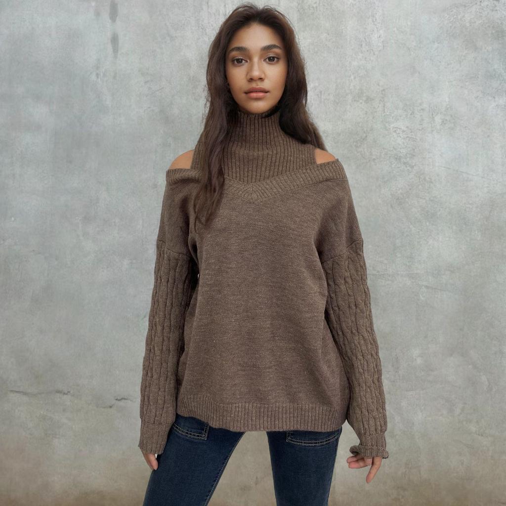 2024 Fall/Winter Women's Off-the-Shoulder Turtleneck Sweater: Sexy European-American Style, Loose-Fit Pullover Tops