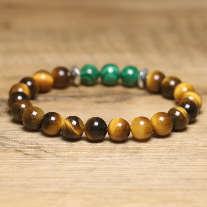 Tiger's Eye Malachite Bead Bracelet – Black Onyx Silver Accent Protection Jewelry, Men's Grounding Gift