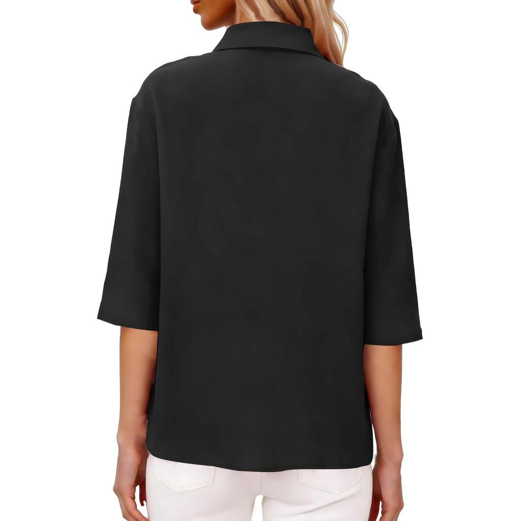 Womens Linen Button Down Shirts Cotton Linen 3/4 Length Sleeve  BlousesCasual Pleated Trendy Tops