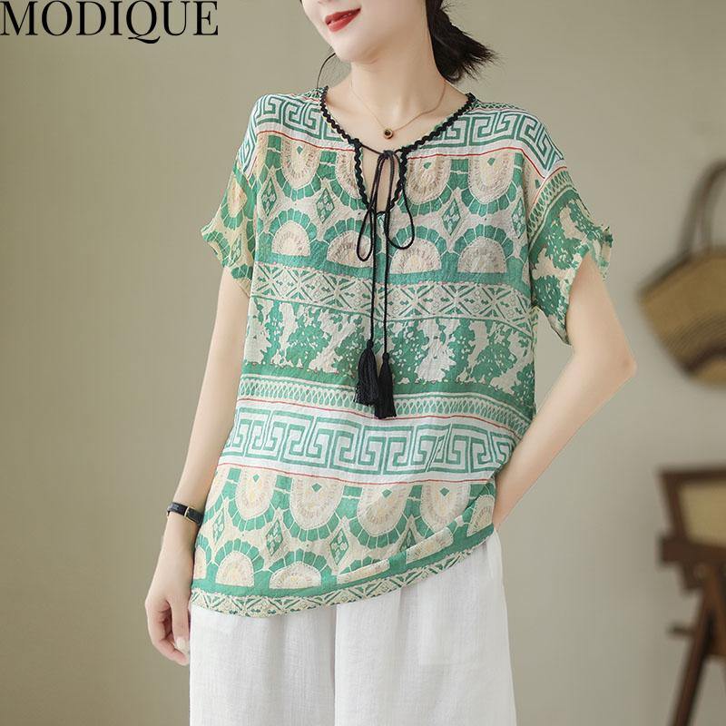 MODIQUE Women Short Sleeve T-shirt Summer Plus Size Loose Casual Elegant Cotton Linen Print Blouse Shirts Lady Basics V-Neck