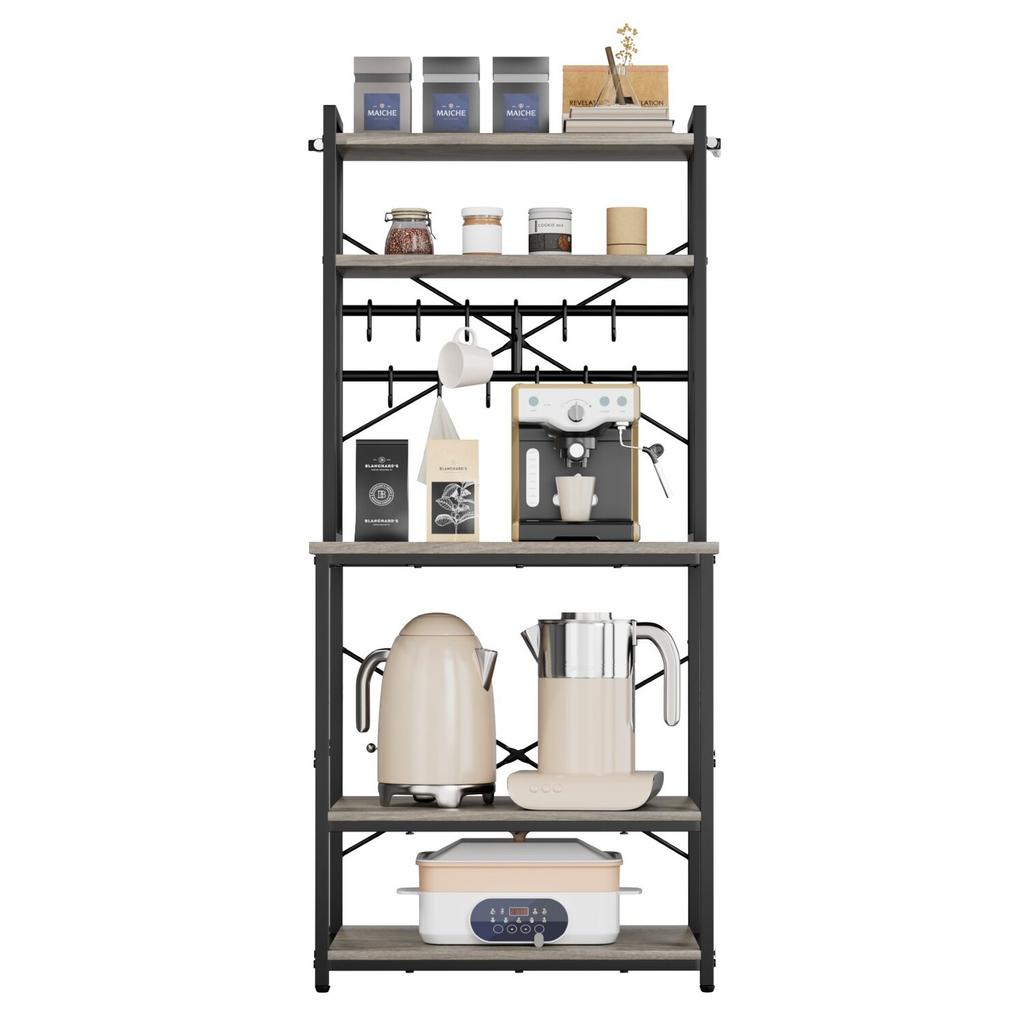 Kitchen Bakers Rack, 600 mm Width Bakers Rack, Kitchen Stand with X-Shaped Support Bar, 12 S-Shaped Hooks, Double-Layer Top Shelf, Coffee Bar Stand