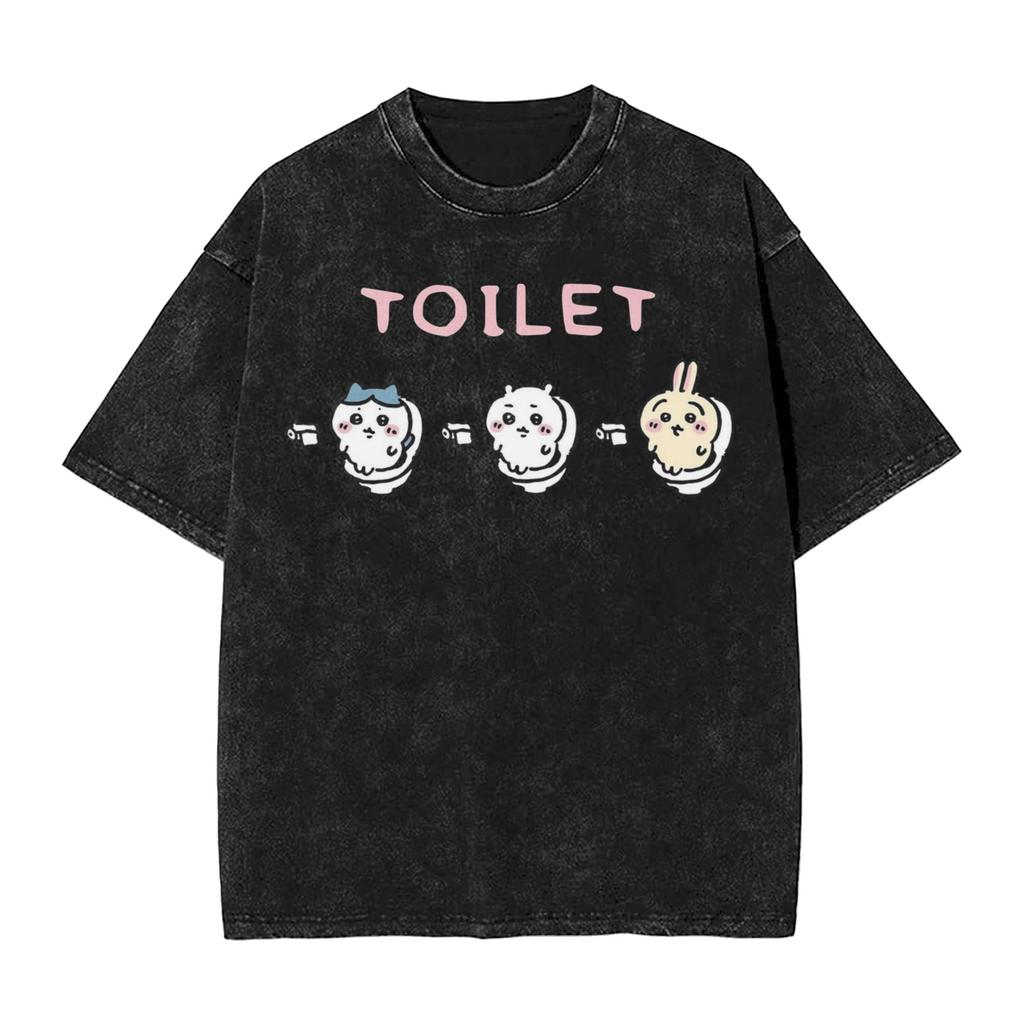 Chiikawas Hachiware Usagi on the Toilet Potty Poop Pooping Meme Washed T Shirt Streetwear Hip Hop TShirt Tee Shirt for Unisex