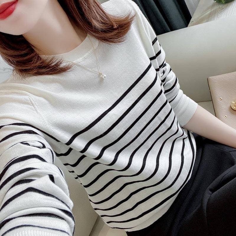 Women's Black & White Striped Korean-Style Sweater 2025 - Long Sleeve Knit Pullover for Autumn/Winter