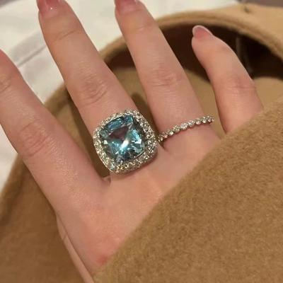 Fashion Wedding Band Bridal Ring Luxury Blue Zirconia Crystal Stone  Sterling Silver  for Women Engagement