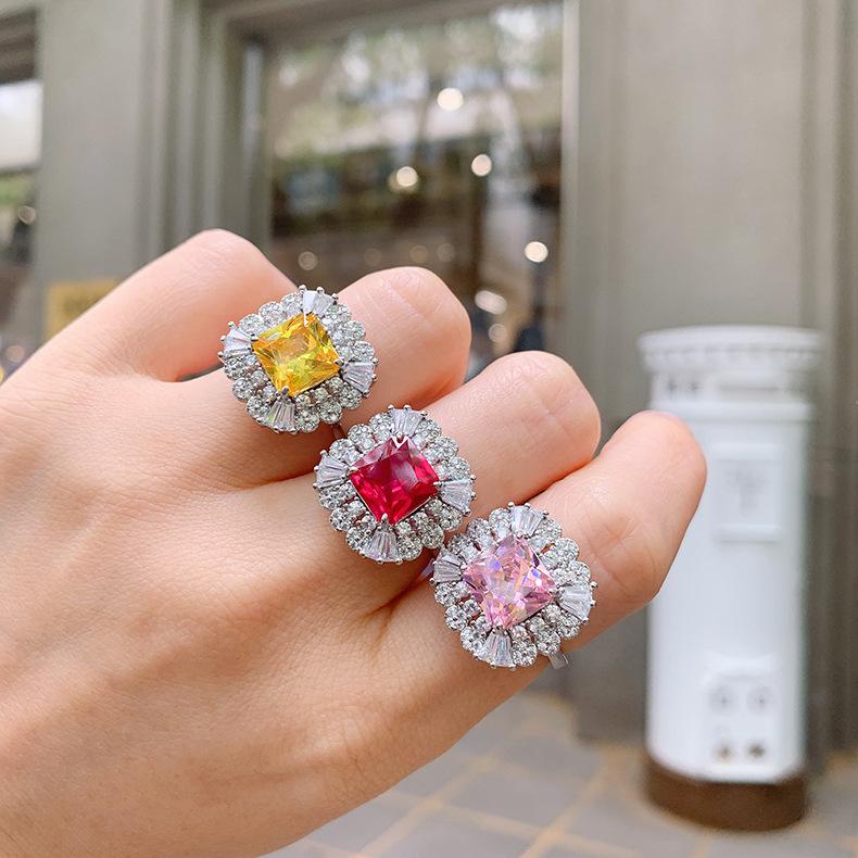 Cross Border Paraiba Electroplating Simulation Simple Zircon Ring Women Square Blue Socialite Opening