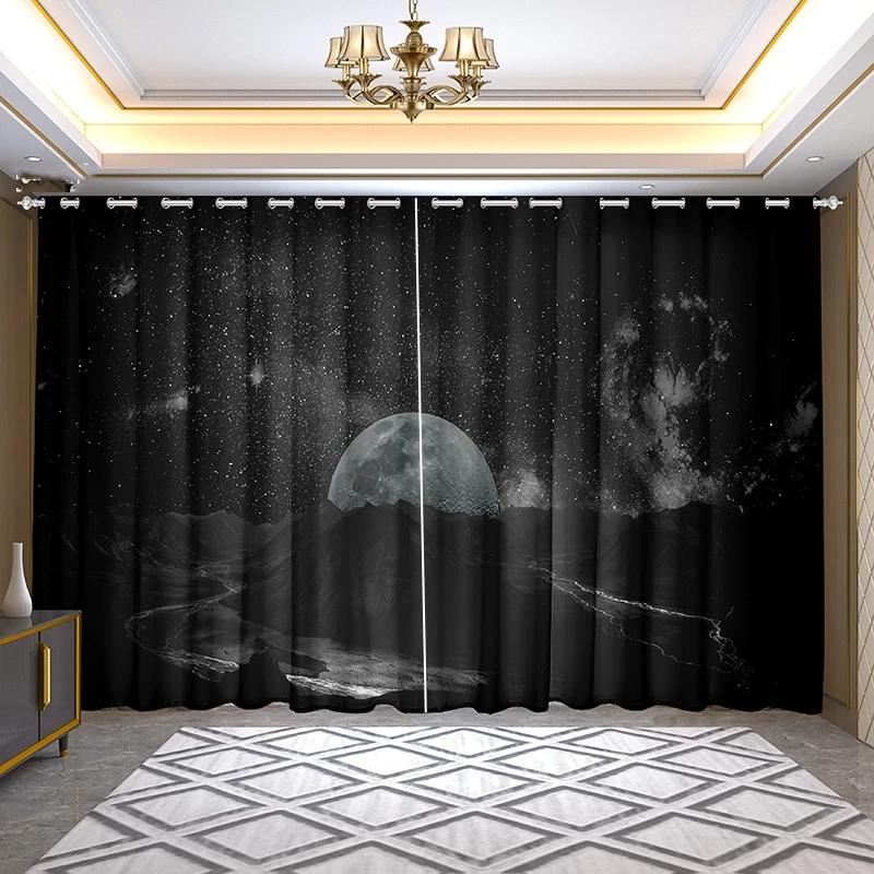 

Black Ins Style Starry Moon Heat Shading Bed Chamber Living Space Area Area High Shading Thin Studio Background Scenery Curtain Starry Sky Pattern W55 X H120cm X 2&Grommet Top