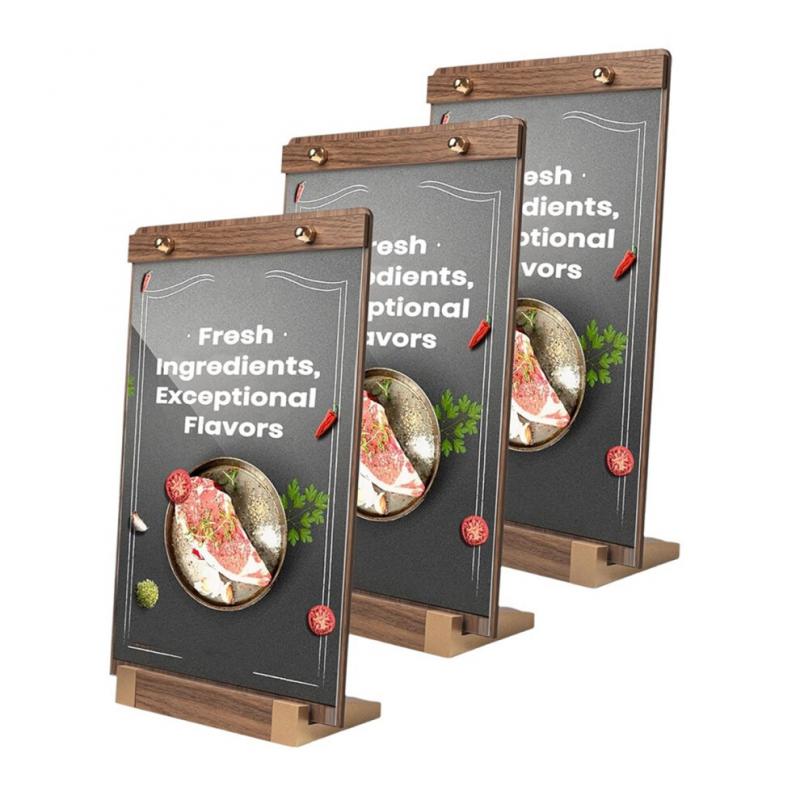 Pacote com 3 Suportes de Placa de Acrílico (8,5 x 11 polegadas) com base de nogueira, expositor de mesa transparente para menus e posters