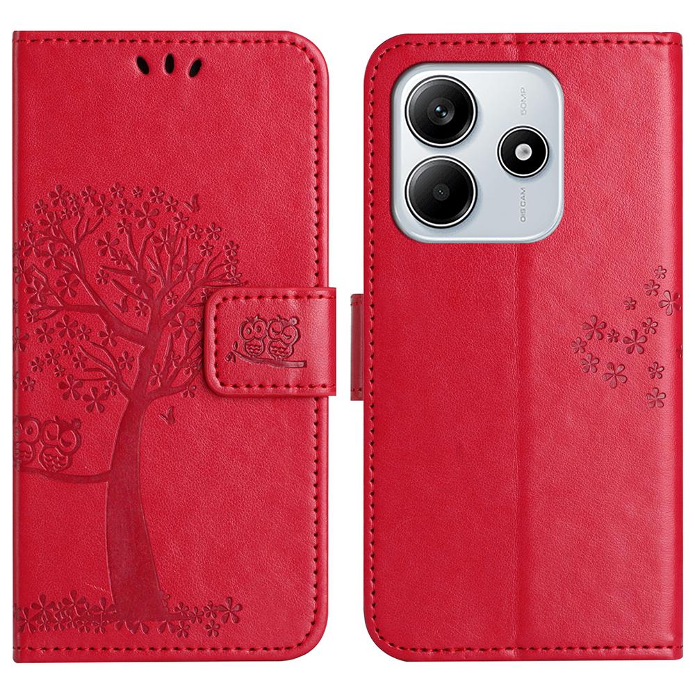 

For Xiaomi Redmi Note 14 5G Case PU Leather Owl Tree Imprinted Wallet Phone Cover Red