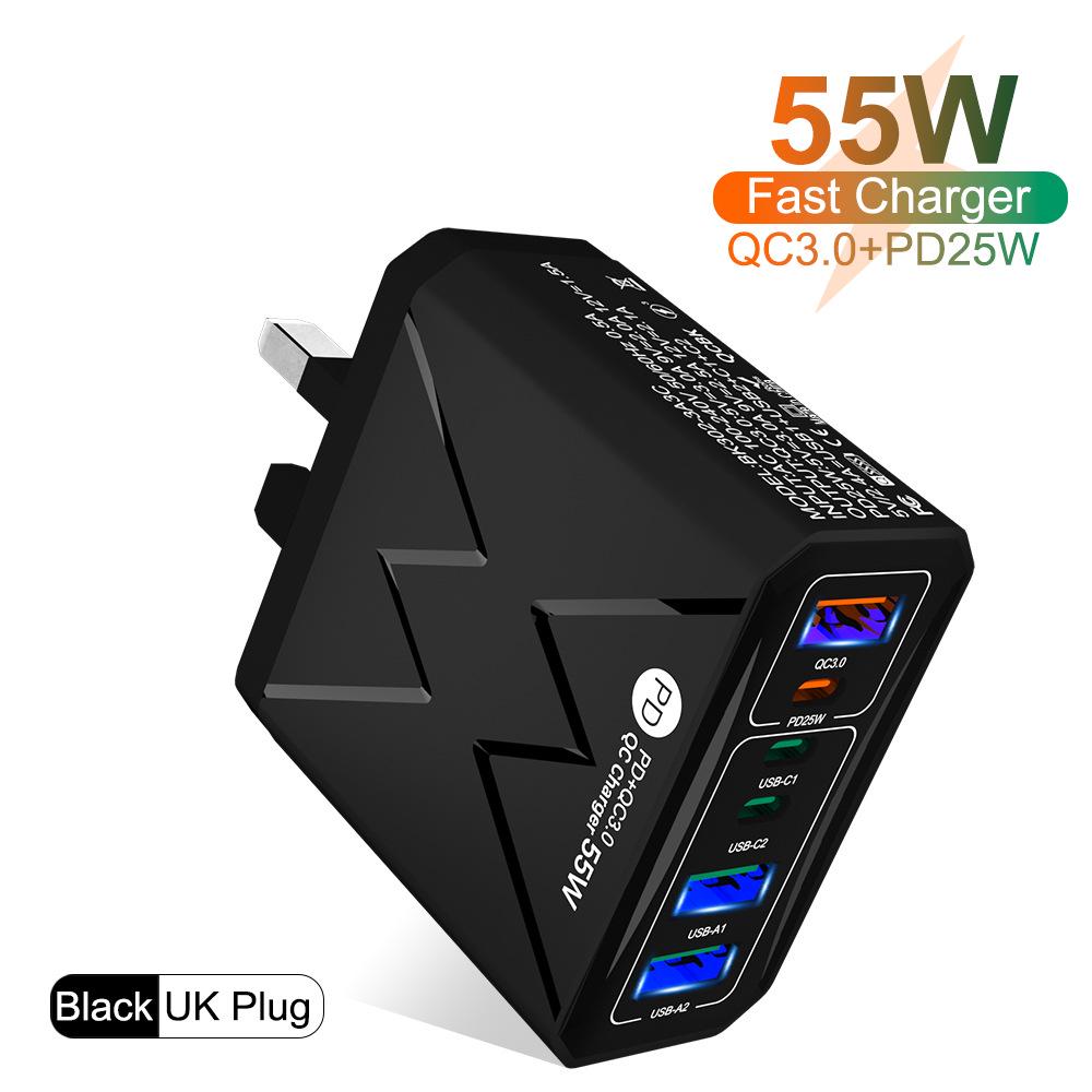PD 25W 6-Port Fast Charger: 3 USB, 3 PD 55W with QC3.0 – EU, UK, AU Plugs