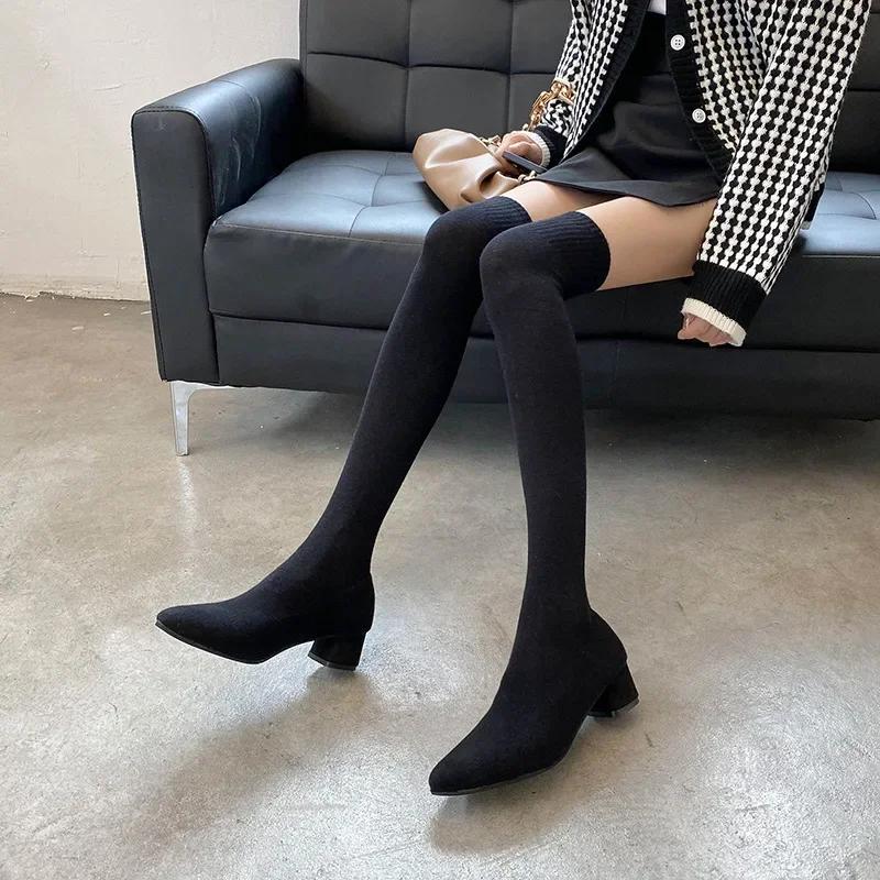 Fashion Thigh High Boots Stretch Fabric Sock Boots Women Pointed Toe High Heels Shoes 2026 Autumn Winter Sexy Over The Knee Boot