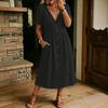 Women's Linen V-Neck Button Front Midi Dress Casual Summer Short Sleeve Long Dress with Pockets