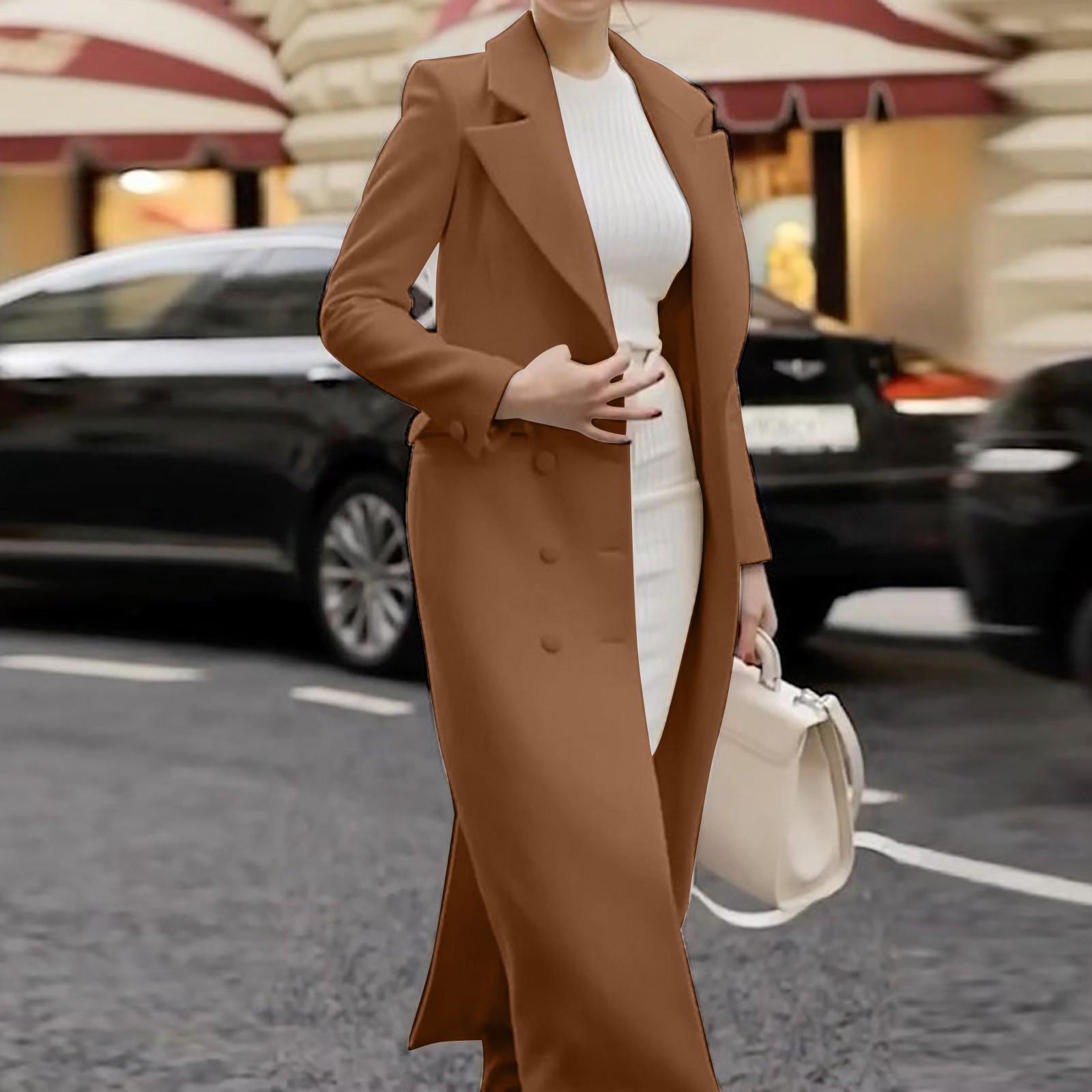 

Женское повседневное модное однотонное шерстяное пальто с лацканами в стиле ретро, ​​длинное пальто XL