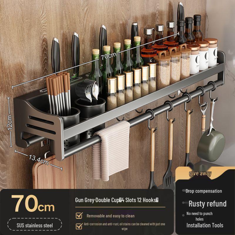 Stainless Steel Wall-Mounted Kitchen Rack with Chopstick, Knife, and Spice Storage