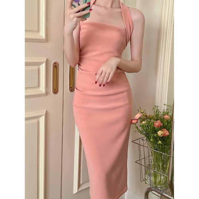 

Французское изысканное ретро летнее платье-халтер - Приталенное, Бодикон с разрезом, На бретелях-спагетти, Стиль королевской сестры. M