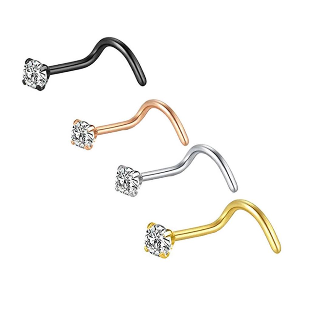 Packung mit 4 Nasensteckern aus Edelstahl mit Zirkon 3 Stile 4 Farben Bequemer Körperschmuck für Frauen und Männer