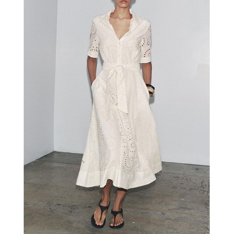 Summer New Women Clothes French Style Casual Bow Lace-up Embroidered Shirt Length Dress 4786137