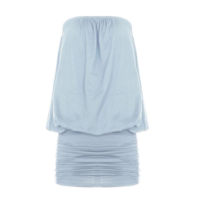 

European and American Women s Clothing American Street Graceful Tube Top Bodycon Dress Pleated Waist Tight Sexy Sexy Pure Color Short Skirt Fashion Blue S