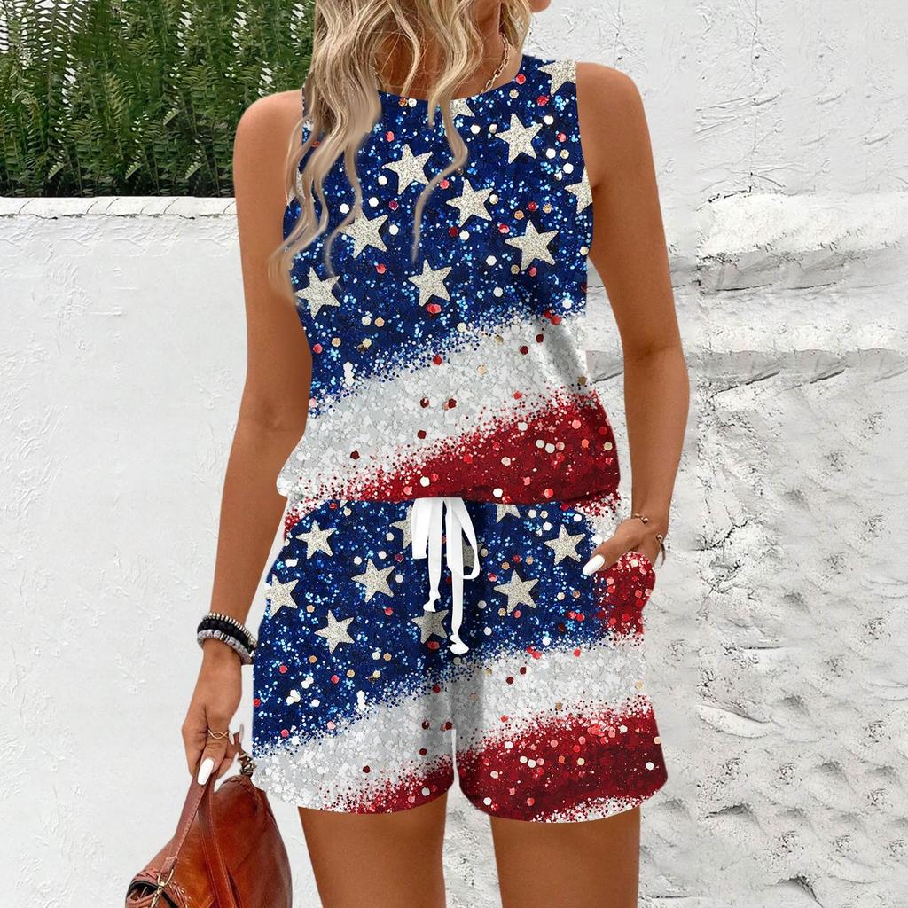 Women's Summer Colour Block Print Vest Sleeveless Top Shorts Set
