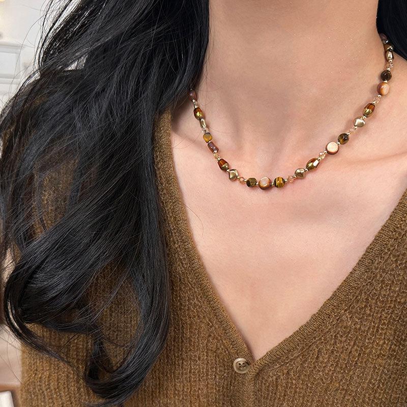 Light Luxury High-End Natural Stone Tiger'S Eye Stone Beaded Necklace Female Maillard Retro Fashion Versatile Neck Chain Sweater Chain
