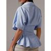Summer New Women's Design Waist Shirt Casual Versatile Striped Pleated Slim Top