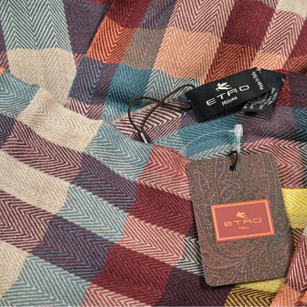 Used ETRO / Stole Scarf Autumn/Winter Ladies Unisex Cashmere Silk Check Multicolor 407017