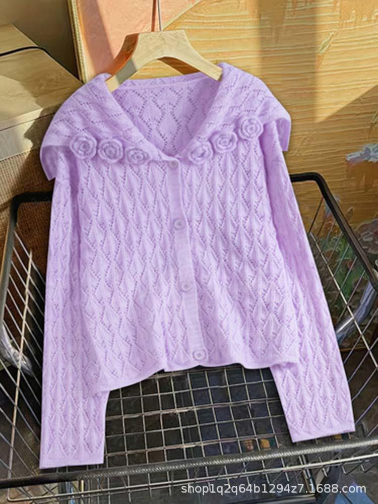 Navy Jacquard Hollow Knit Cardigan Coat for Women - Elegant and Cozy Spring/Autumn Outerwear