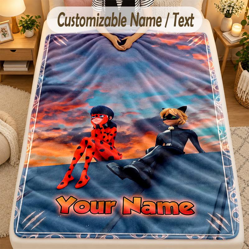 Couverture en Flanelle Miraculous Ladybug Nom Personnalisé Texte Personnalisé Douce Chaude Jeté Décoration de Maison Cadeau